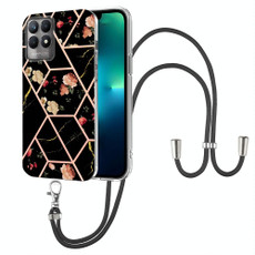 For OPPO Realme 8i Splicing Marble Flower Pattern TPU Phone Case with Lanyard(Black Flower)