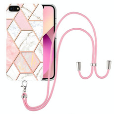 For iPhone SE 2022 / SE 2020 / 8 / 7 Electroplating Splicing Marble TPU Phone Case with Lanyard(Pink White)