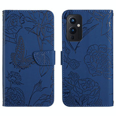 For OnePlus 9 Skin Feel Butterfly Peony Embossed Leather Phone Case(Blue)