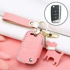 Hallmo Car Female Style Cowhide Leather Key Protective Cover for Volkswagen, B Type Folding(Pink)
