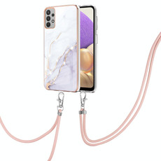 For Samsung Galaxy A73 5G Electroplating Marble IMD TPU Phone Case with Lanyard(White 006)