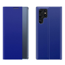 For Samsung Galaxy S22 Ultra 5G Side Display Magnetic Flip Plain Cloth + PC Case with Holder & Sleep / Wake-up Function(Sky Blue)