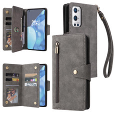 For OnePlus 9 Pro Rivet Buckle 9 Cards Three Fold Leather Phone Case(Grey)