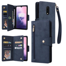 For OnePlus 7 Rivet Buckle 9 Cards Three Fold Leather Phone Case(Blue)