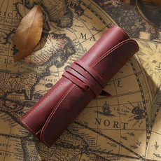 Retro First Layer Cowhide Pen Curtain Simple Literary Pencil Case Multifunctional Volume Pencil Case(Crazy Horse Skin Wine Red)