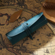 Retro First Layer Cowhide Pen Curtain Simple Literary Pencil Case Multifunctional Volume Pencil Case(Crazy Horse Skin Blue)