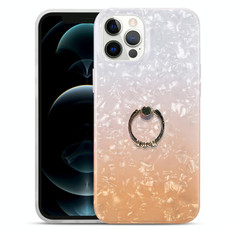 For iPhone 13 Pro Max Gradient Color Shell Texture IMD TPU Shockproof Case with Ring Holder (Gradient White Orange)