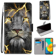 For Samsung Galaxy M32 Coloured Drawing Cross Texture Horizontal Flip PU Leather Case with Holder & Card Slots & Wallet & Lanyard(Fission Lion)