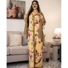 Women Printed Long Lace Dress (Color:Yellow Size:XXL)