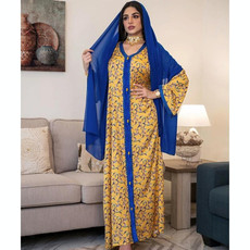 Women Printed Floral Robe Dress (Color:Yellow Size:XXL)