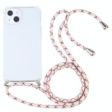 For iPhone 13 Four-corner Shockproof Transparent TPU Protective Case with Lanyard(Colorful Pink)