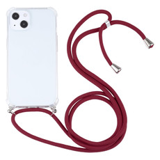 For iPhone 13 Four-corner Shockproof Transparent TPU Protective Case with Lanyard(Wine Red)