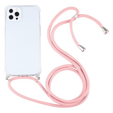 For iPhone 13 Pro Max Four-corner Shockproof Transparent TPU Protective Case with Lanyard (Pink)
