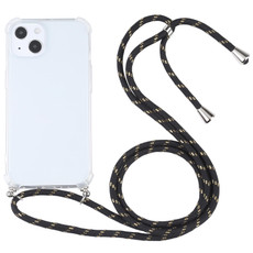 For iPhone 13 Four-corner Shockproof Transparent TPU Protective Case with Lanyard(Black Gold)