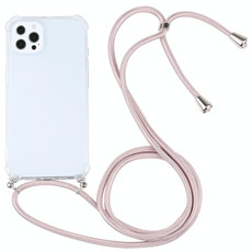 For iPhone 13 Pro Four-corner Shockproof Transparent TPU Protective Case with Lanyard (Light Pink)