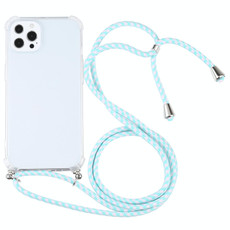 For iPhone 13 Pro Max Four-corner Shockproof Transparent TPU Protective Case with Lanyard (Mint Green White)