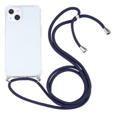 For iPhone 13 Four-corner Shockproof Transparent TPU Protective Case with Lanyard(Dark Blue)