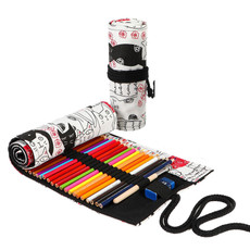 2 PCS 36  Holes Couple Cat Printed Canvas Pen Curtain Large Capacity Roller Pen Bag Sketch Color Pencil Bag