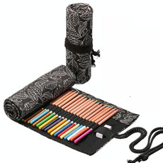 2 PCS 12 Holes Black Leaf Canvas Printing Pen Curtain Large Capacity Roll Pen Bag Sketch Color Lead Pen Bag