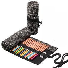 2 PCS 48  Holes Black Leaf Canvas Printing Pen Curtain Large Capacity Roll Pen Bag Sketch Color Lead Pen Bag