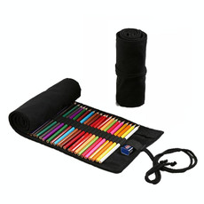 2 PCS 48  Holesk Pure Black Handmade Canvas Roll Pen Bag Large Capacity Boy And Girl Sketch Color Pencil Curtain
