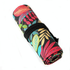 2 PCS 48  Holes Fallen Leaves Printed Canvula Pen Curtain Large Capacity Sketch Color Pencil Roll Pen Bag