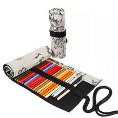 2 PCS 36  Holes Black Peony Printer Canvas Pen Curtain Large Capacity Roller Pen Bag Sketch Color Pencil Stationery Box