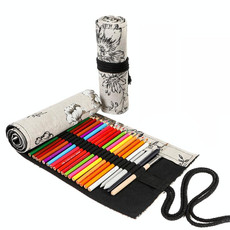 72  Holes Black Peony Printer Canvas Pen Curtain Large Capacity Roller Pen Bag Sketch Color Pencil Stationery Box