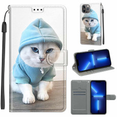 For iPhone 13 Pro Voltage Colored Drawing Magnetic Clasp Horizontal Flip PU Leather Case with Holder & Card Slots (C15 Blue Sweater White Cat)