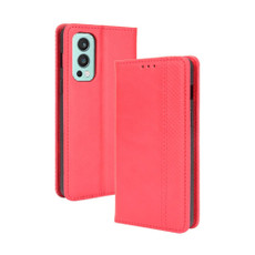 For OnePlus Nord 2 5G Magnetic Buckle Retro Crazy Horse Texture Horizontal Flip Leather Case with Holder & Card Slots & Photo Frame(Red)
