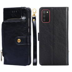 For Samsung Galaxy A02s EU Version Zipper Bag PU + TPU Horizontal Flip Leather Case with Holder & Card Slot & Wallet & Lanyard(Black)