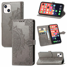 For iPhone 13 Mandala Flower Embossed Horizontal Flip Leather Case with Holder & Three Card Slots & Wallet & Lanyard (Grey)