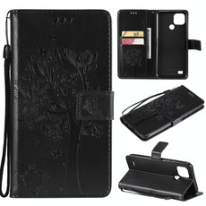 For OPPO Realme C21 / C20 Tree & Cat Pattern Pressed Printing Horizontal Flip PU Leather Case with Holder & Card Slots & Wallet & Lanyard(Black)