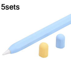 5sets 3 in 1 Stylus Silicone Protective Cover + Two-Color Pen Cap Set For Apple Pencil 2(Sky Blue)