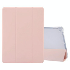 For iPad 10.2 2021 / 2020 / 2019 3-folding Electric Pressed Skin Texture Horizontal Flip Shockproof Transparent TPU + PU Leather Case with Holder & Pen Slot & Sleep / Wake-up Function(Light Pink)