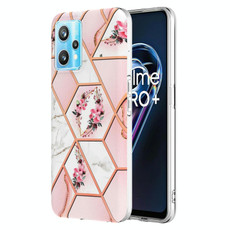 For OPPO Realme 9 Pro+ 5G Electroplating Splicing Marble Flower Pattern TPU Shockproof Phone Case(Pink Flower)