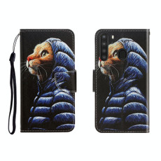For Galaxy A21 Colored Drawing Horizontal Flip Leather Case with Holder & Card Slot & Wallet(Down Jacket Cat)