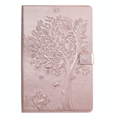 For Galaxy Tab S5e Pressed Printing Cat and Tree Pattern Horizontal Flip Leather Case with Holder & Card Slots & Wallet(Rose Gold)
