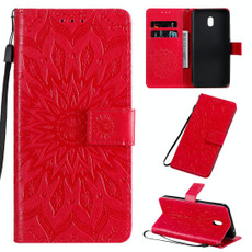 For Xiaomi Redmi 8A Pressed Printing Sunflower Pattern Horizontal Flip PU Leather Case with Holder & Card Slots & Wallet & Lanyard(Red)
