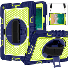 360 Degree Rotation Contrast Color Shockproof Silicone + PC Case with Holder & Hand Grip Strap & Shoulder Strap For iPad 9.7 2018 / 2017 / Air / Air 2 / Pro 9.7 (Navy+Yellow Green)