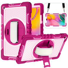 For Samsung Galaxy Tab A 10.1 2019 T515 360 Degree Rotation Contrast Color Shockproof Silicone + PC Case with Holder & Hand Grip Strap & Shoulder Strap(Rose Red+Pink)