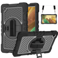 For Samsung Galaxy Tab A7 Lite T220 / T225 360 Degree Rotation Contrast Color Shockproof Silicone + PC Case with Holder & Hand Grip Strap & Shoulder Strap(Black)