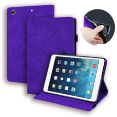 For iPad 10.2 2021 / 2020 / 2019 Calf Pattern Double Folding Design Embossed Leather Case with Holder & Card Slots & Pen Slot & Elastic Band(Purple)