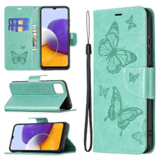 For Samsung Galaxy A22 5G Embossing Two Butterflies Pattern Horizontal Flip PU Leather Case with Holder & Card Slot & Wallet & Lanyard(Green)