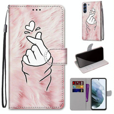 For Samsung Galaxy S21 FE Coloured Drawing Cross Texture Horizontal Flip PU Leather Case with Holder & Card Slots & Wallet & Lanyard(Pink Hands Heart)