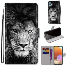 For Samsung Galaxy A32 4G / A32 Lite Coloured Drawing Cross Texture Horizontal Flip PU Leather Case with Holder & Card Slots & Wallet & Lanyard(Black White Lion Head)