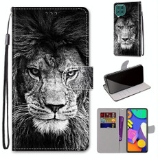 For Samsung Galaxy F62 / M62 Coloured Drawing Cross Texture Horizontal Flip PU Leather Case with Holder & Card Slots & Wallet & Lanyard(Black White Lion Head)