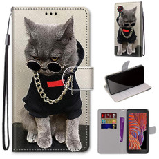 For Samsung Galaxy Xcover 5 Coloured Drawing Cross Texture Horizontal Flip PU Leather Case with Holder & Card Slots & Wallet & Lanyard(Golden Chain Grey Cat)