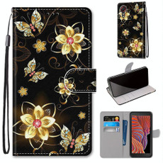 For Samsung Galaxy Xcover 5 Coloured Drawing Cross Texture Horizontal Flip PU Leather Case with Holder & Card Slots & Wallet & Lanyard(Gold Diamond Butterfly)