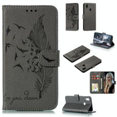 For Galaxy A10s Feather Pattern Litchi Texture Horizontal Flip Leather Case with Holder & Wallet & Card Slots(Gray)